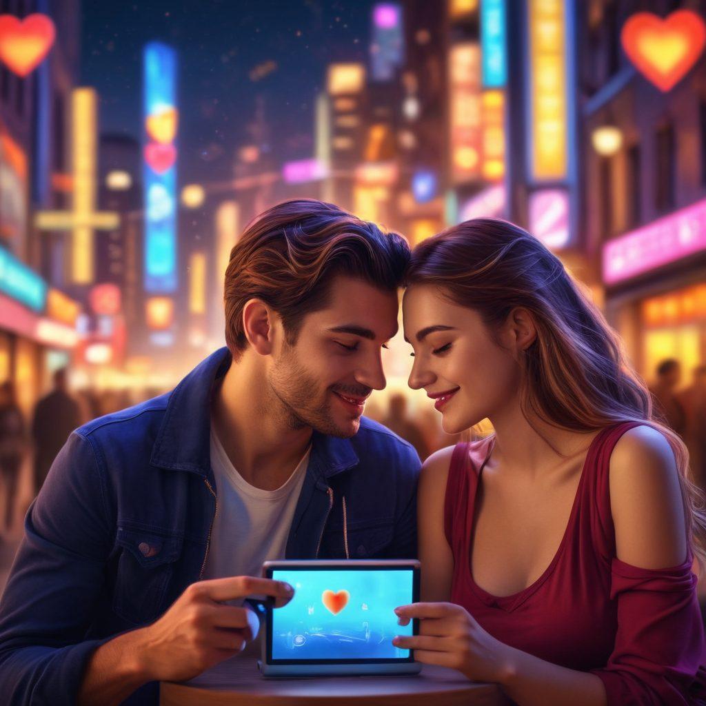 A romantic scene illustrating a couple engaging through digital devices, glowing screens casting warm light on their faces, symbols of flirtation like hearts and emojis around them, a blend of intimacy and technology, a dreamy, soft-focus background with hints of city nightlife. vibrant colors. super-realistic.