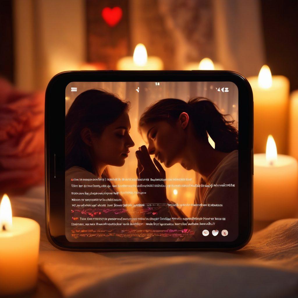 A sensual and artistic depiction of a smartphone screen with tantalizing text messages glowing softly, surrounded by a romantic ambiance filled with candles and soft fabrics. Include silhouettes of a couple in the background, suggesting intimacy and connection. Emphasize warm, inviting colors and subtle heart motifs. soft focus. vibrant colors. romantic atmosphere.