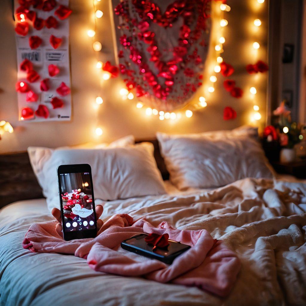 A cozy, inviting bedroom with soft lighting that creates an intimate atmosphere. In the foreground, a smartphone with glowing messages displayed, hinting at sexting conversations. Subtle elements like scattered rose petals, lingerie hints, and warm blankets enhance the romantic vibe. The overall mood should evoke sensuality and connection between partners. soft focus, vibrant colors, warm lighting.